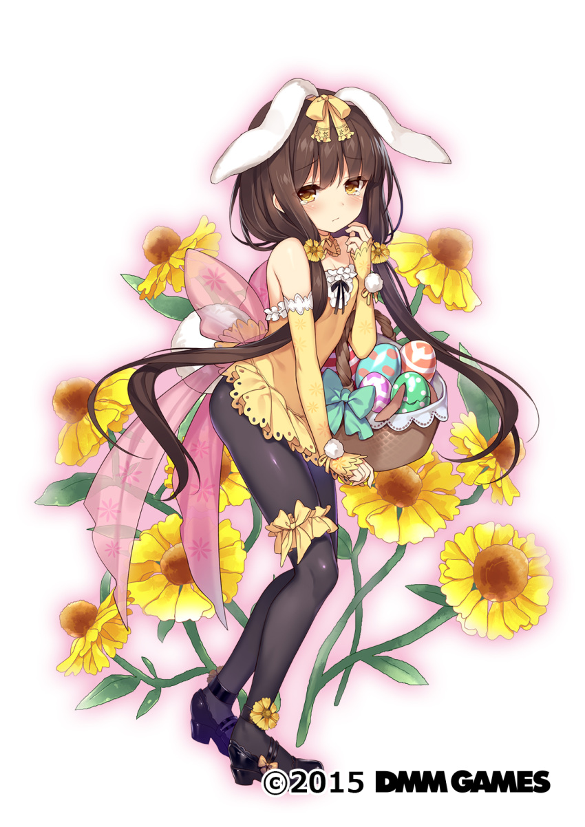 1girl, animal_ears, bangs, bare_shoulders, basket, black_legwear, black_shoes, blunt_bangs