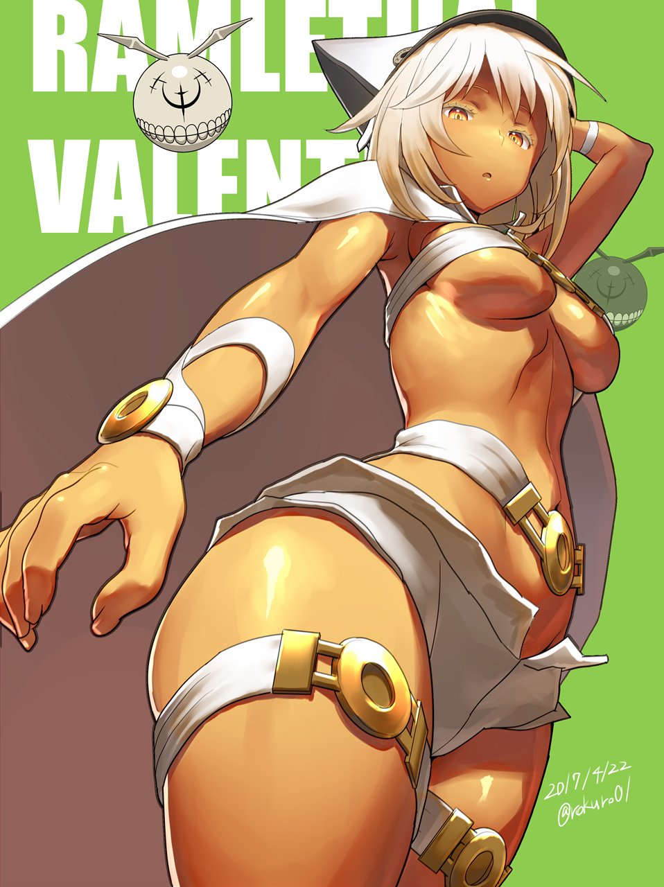 1girl, :o, arm_up, belt, beltbra, breasts, cape, dark_skin, dated, from_below, green_background, guilty_gear, guilty_gear_xrd, hat, highres, large_breasts, looking_at_viewer, looking_down, navel, open_mouth, orange_eyes, ramlethal_valentine, short_hair, short_shorts, shorts, simple_background, solo, standing, thigh_strap, twitter_username, under_boob, white_hair, zaki_(narashigeo)