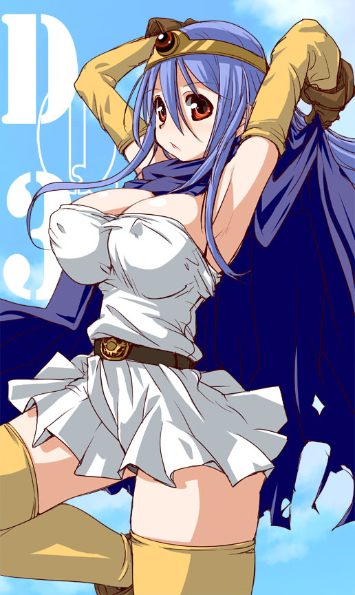 1girl, blue_hair, breasts, cape, circlet, dragon_quest, dragon_quest_iii, dress