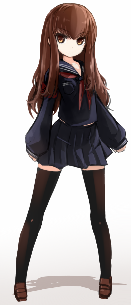 1girl, black_legwear, black_sailor_collar, black_serafuku, black_shirt, black_skirt, brown_eyes, brown_hair