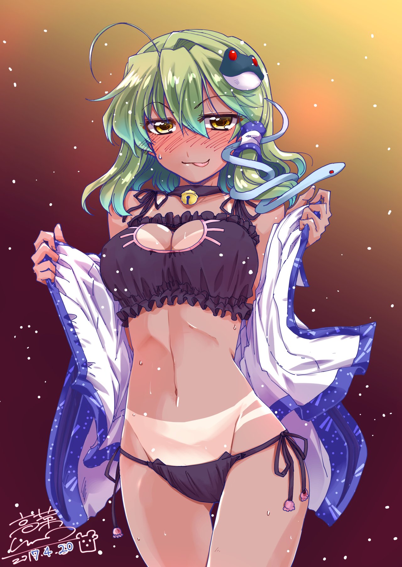 1girl, 2016, bangs, bare_shoulders, bell, bell_choker, between_breasts, blush
