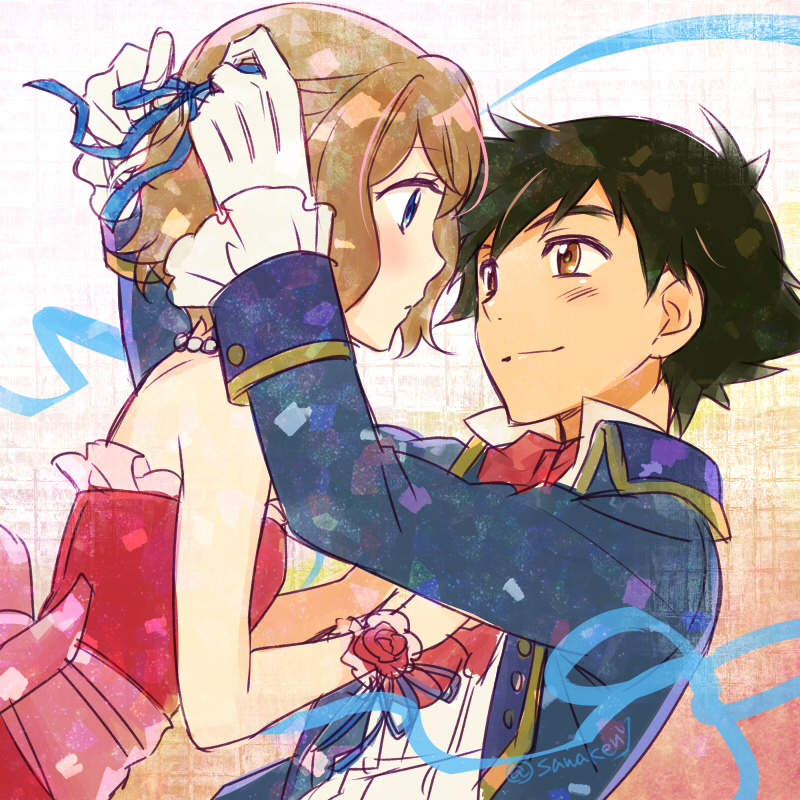 1boy, 1girl, black_hair, brown_eyes, brown_hair, couple, cravat, dress