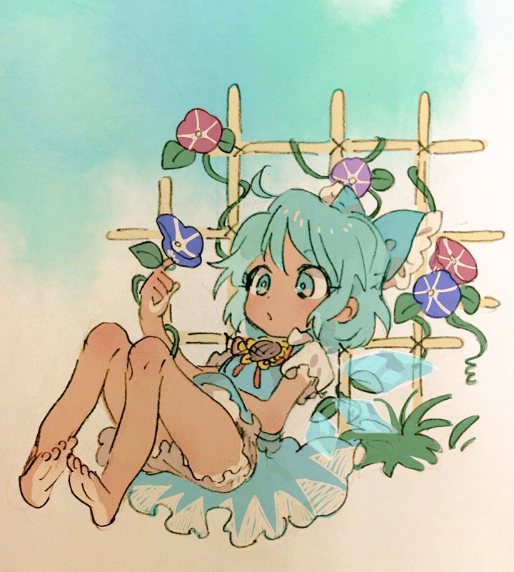 1girl, ahoge, aqua_eyes, aqua_hair, bare_legs, barefoot, bloomers, blue_bow