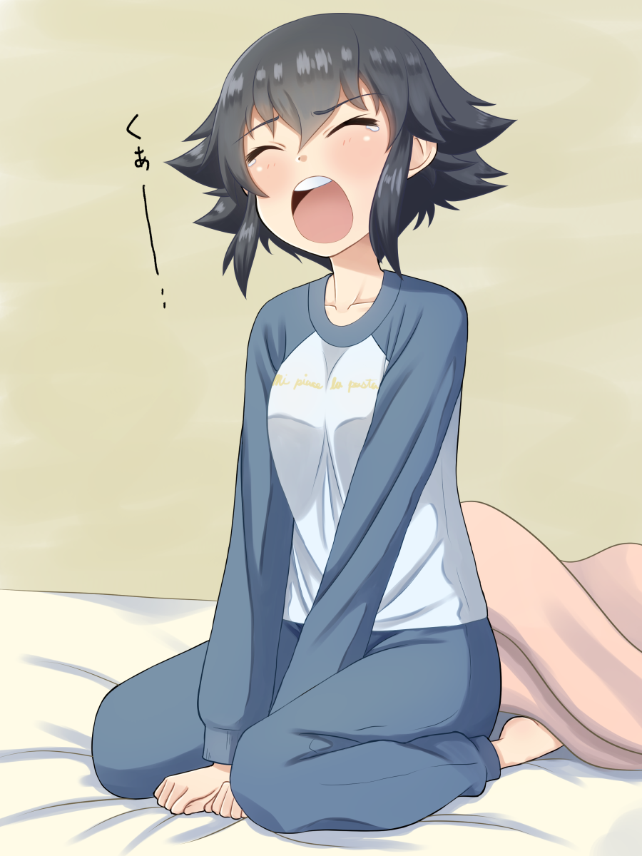 1girl, bed, black_hair, blanket, blush, closed_eyes, clothes_writing, collarbone