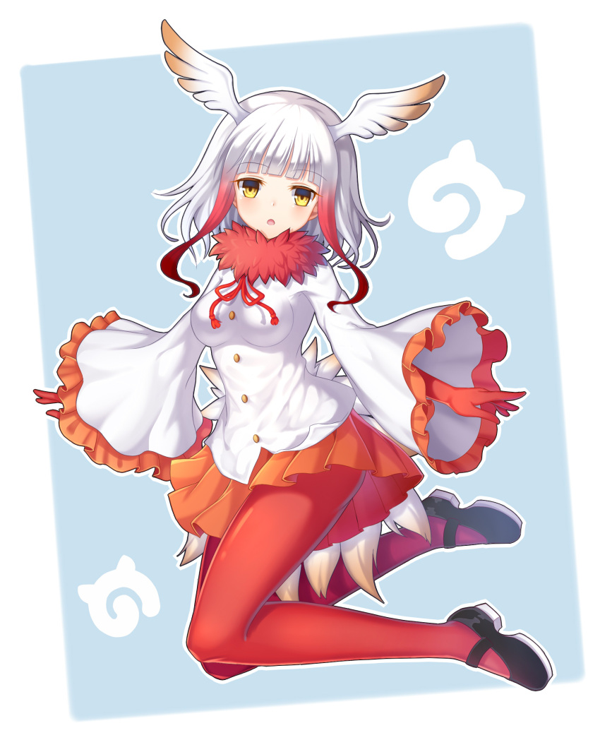 1girl, black_shoes, blue_background, blush, breasts, crested_ibis_(kemono_friends), eyebrows_visible_through_hair, frilled_sleeves