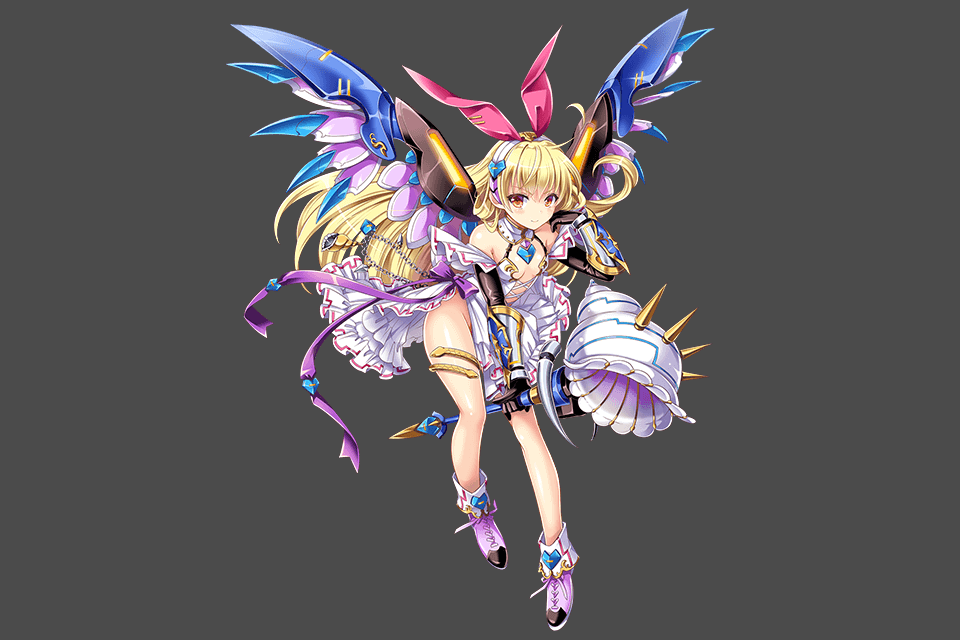 1girl, bare_shoulders, between_legs, black_gloves, blonde_hair, boreas_(kamihime), bow, bracer, breasts, brown_eyes, chains, conch, full_body, gloves, groin, hair_bow, hair_ornament, hair_rings, hairbad, hairband, heart_hair_ornament, holding, holding_staff, kami_project, legband, long_hair, no_panties, official_art, pink_bow, purple_bow, purple_ribbon, purple_shoes, ribbon, shoes, skirt, small_breasts, smile, solo, spikes, staff, white_skirt, wings