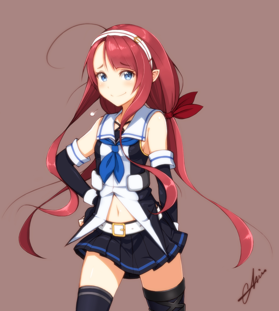 1girl, ahoge, arm_behind_back, asymmetrical_bangs, bangs, bare_shoulders, belt, black_gloves