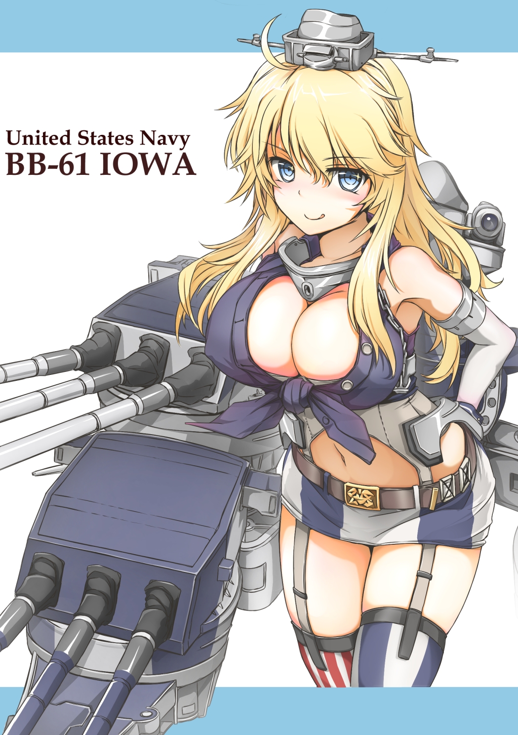 1girl, :q, ahoge, bare_shoulders, blonde_hair, blue_eyes, breasts, character_name