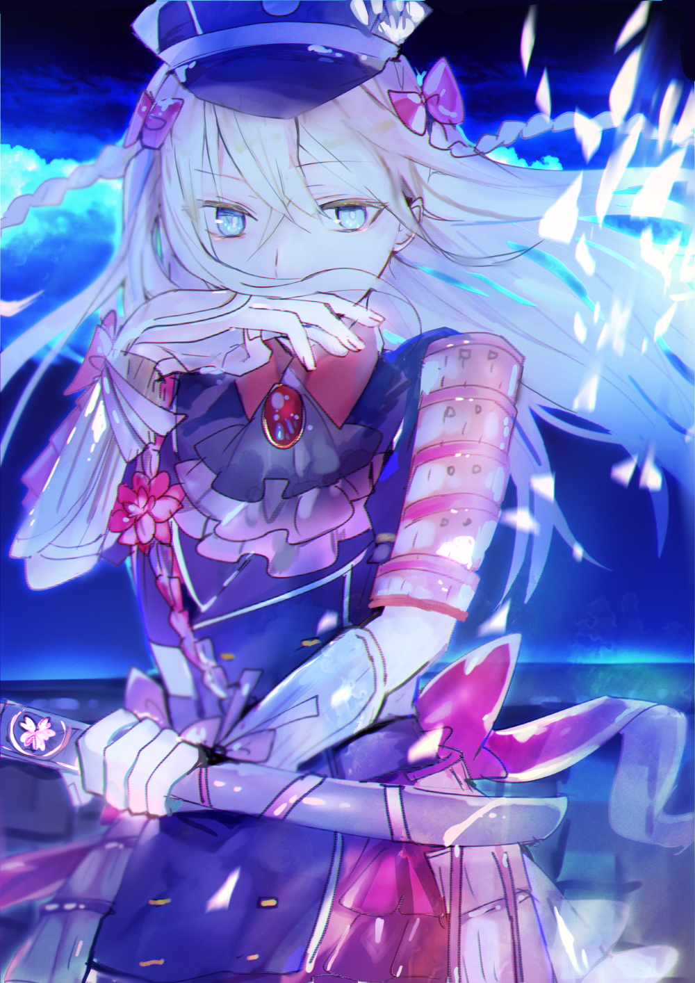 1boy, armor, blonde_hair, blue_eyes, bow, braid, covering_mouth, cravat, dress, hair_bow, hat, highres, japanese_armor, kiwame_(touken_ranbu), kote, male_focus, midare_toushirou, poni_(rito), sode, tantou, touken_ranbu, trap, twin_braids, weapon