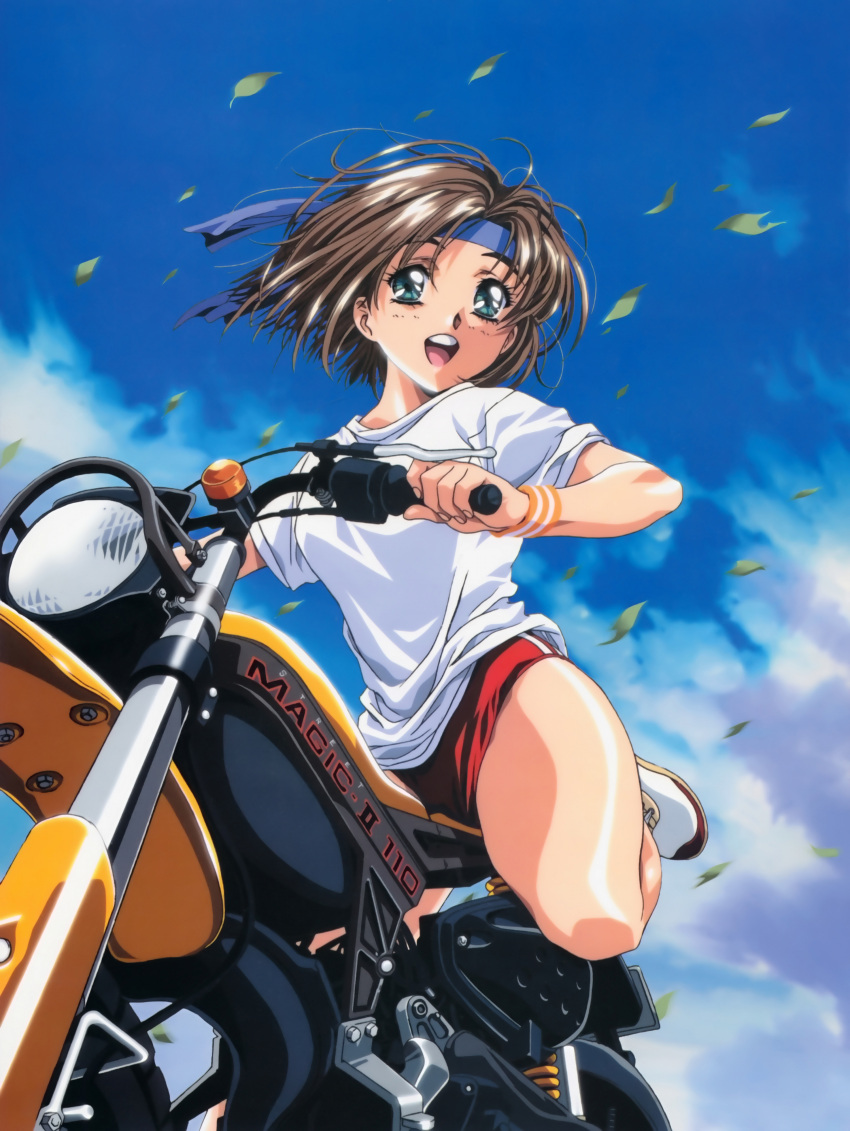 1girl, :d, absurdres, blue_eyes, brown_hair, buruma, day, ground_vehicle