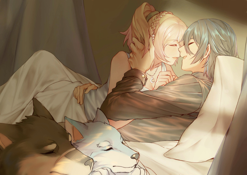 1boy, 1girl, absurdres, bed, black_hair, blonde_hair, blue_hair, couple, dog, dress, final_fantasy, final_fantasy_xv, hetero, highres, husband_and_wife, lunafreya_nox_fleuret, noctis_lucis_caelum, pillow, ponytail, pryna_(ff15), umbra_(ff15), white_dress, yorukun