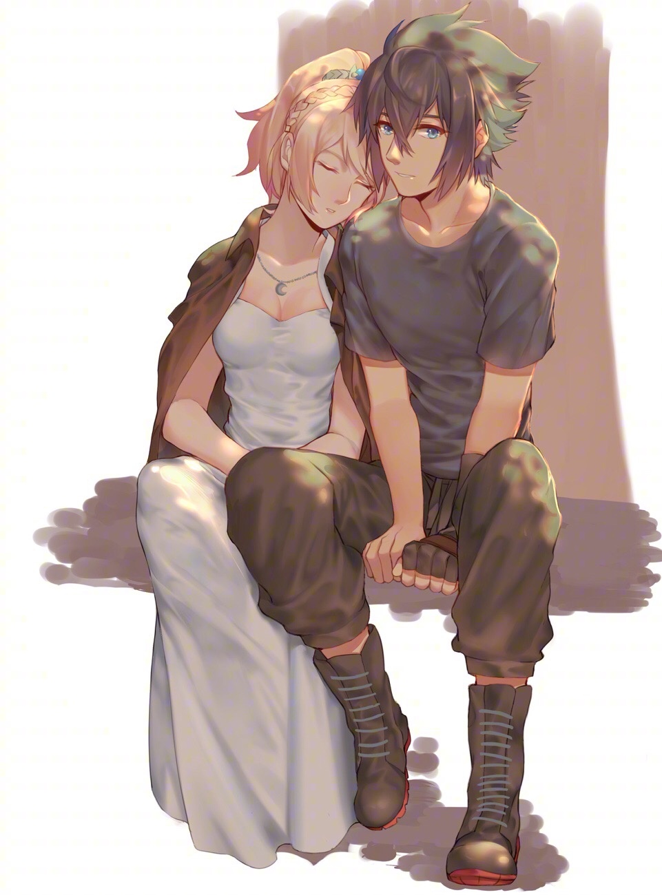 1boy, 1girl, black_hair, blonde_hair, blue_eyes, boots, couple, dress