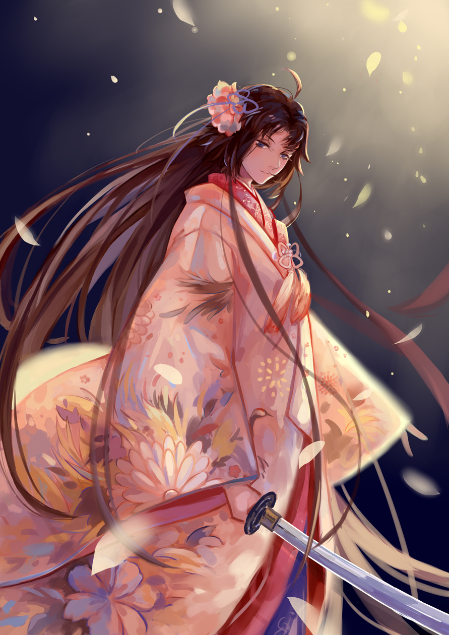 1girl, ahoge, brown_hair, fate/grand_order, fate_(series), flower, flower_pattern, hair_flower