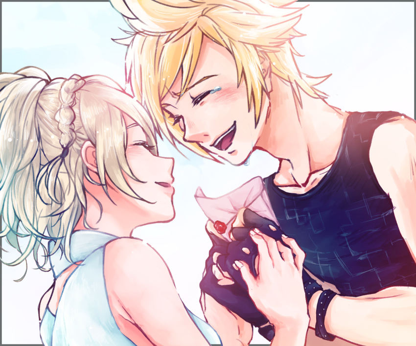 1boy, 1girl, bangs, black_tank_top, blonde_hair, braid, crying, duo