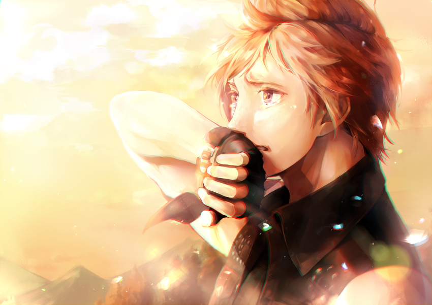 1boy, akirakarin, bare_shoulders, blonde_hair, crying, final_fantasy, final_fantasy_xv, fingerless_gloves
