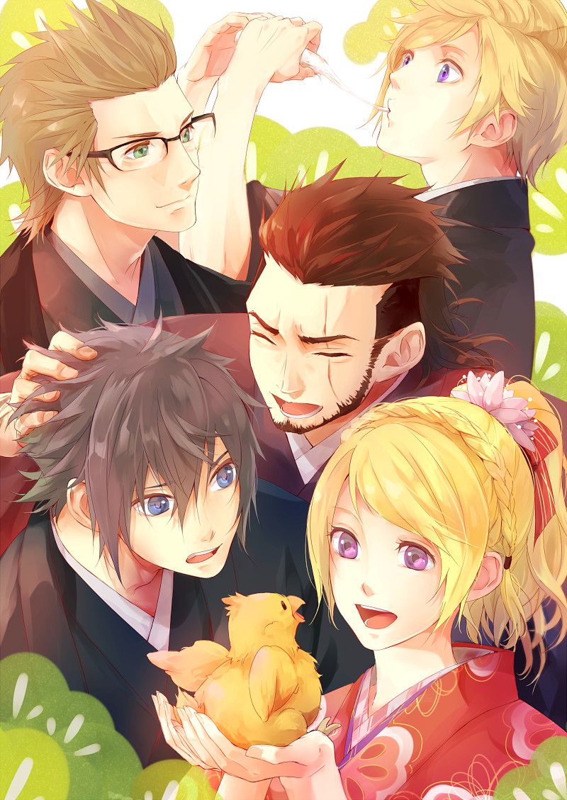 1girl, 4boys, akirakarin, bird, black_hair, blonde_hair, blue_eyes, brown_hair