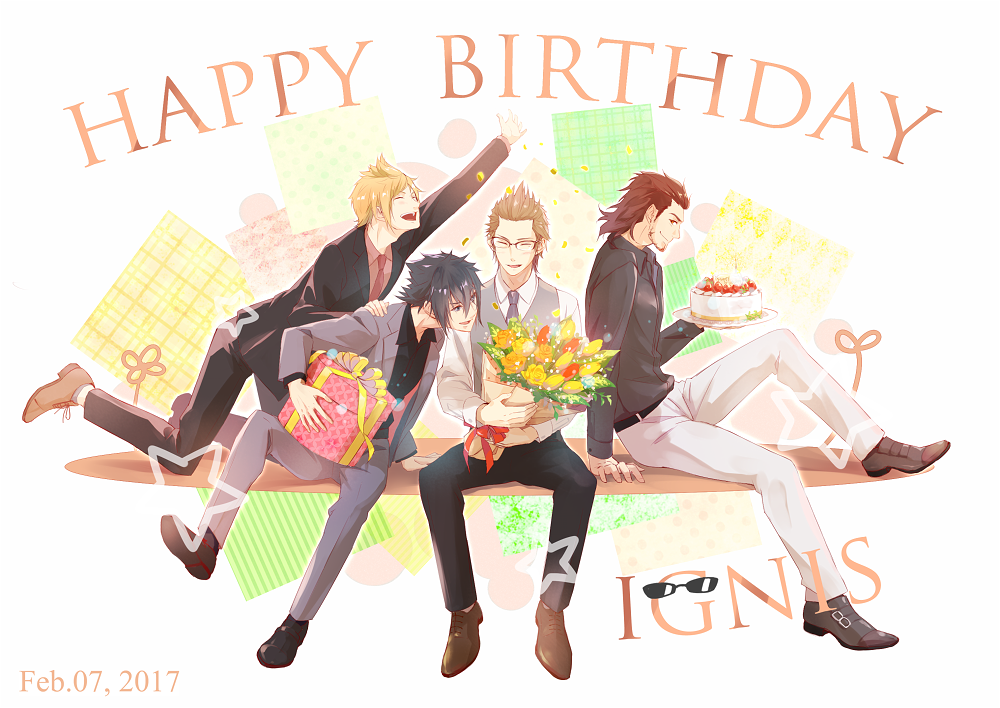 4boys, akirakarin, birthday, birthday_cake, black_hair, blonde_hair, bouquet, brown_hair