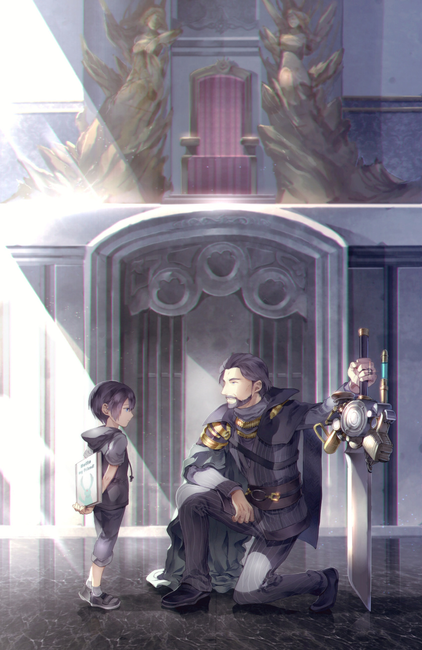 2boys, beard, black_hair, blue_eyes, book, cape, carbuncle_(final_fantasy), child