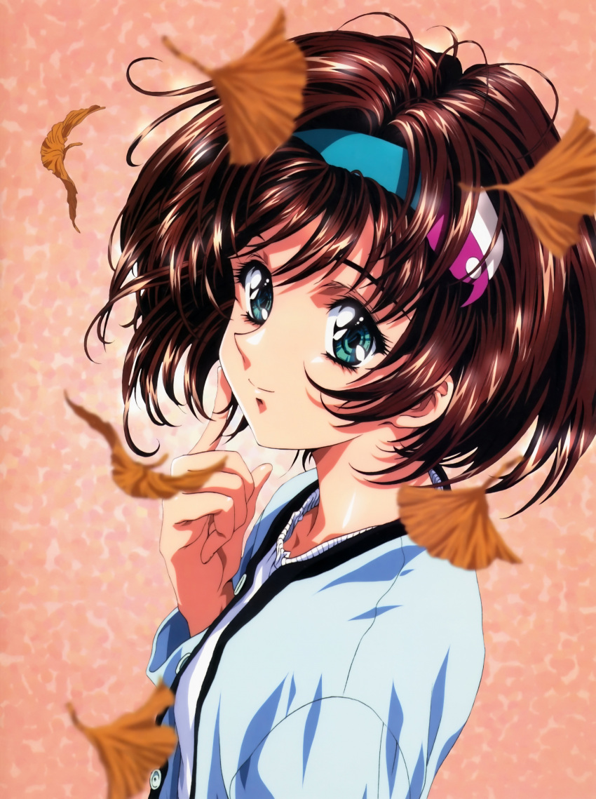 1girl, absurdres, blue_eyes, brown_hair, finger_on_cheek, hairband, highres, kawarajima_kou, short_hair, smile