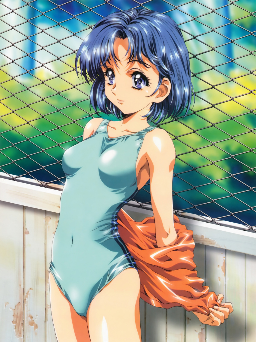 1girl, absurdres, armpits, bishoujo_senshi_sailor_moon, blue_eyes, blue_hair, blue_swimsuit, chain-link_fence