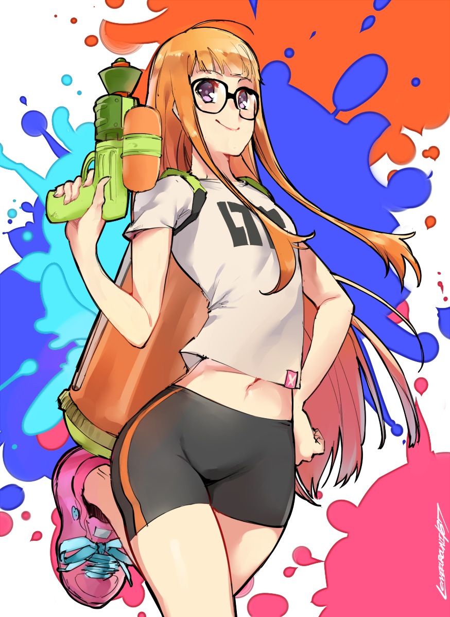 1girl, artist_name, atlus, bangs, bike_shorts, cosplay, cowboy_shot, eyebrows_visible_through_hair