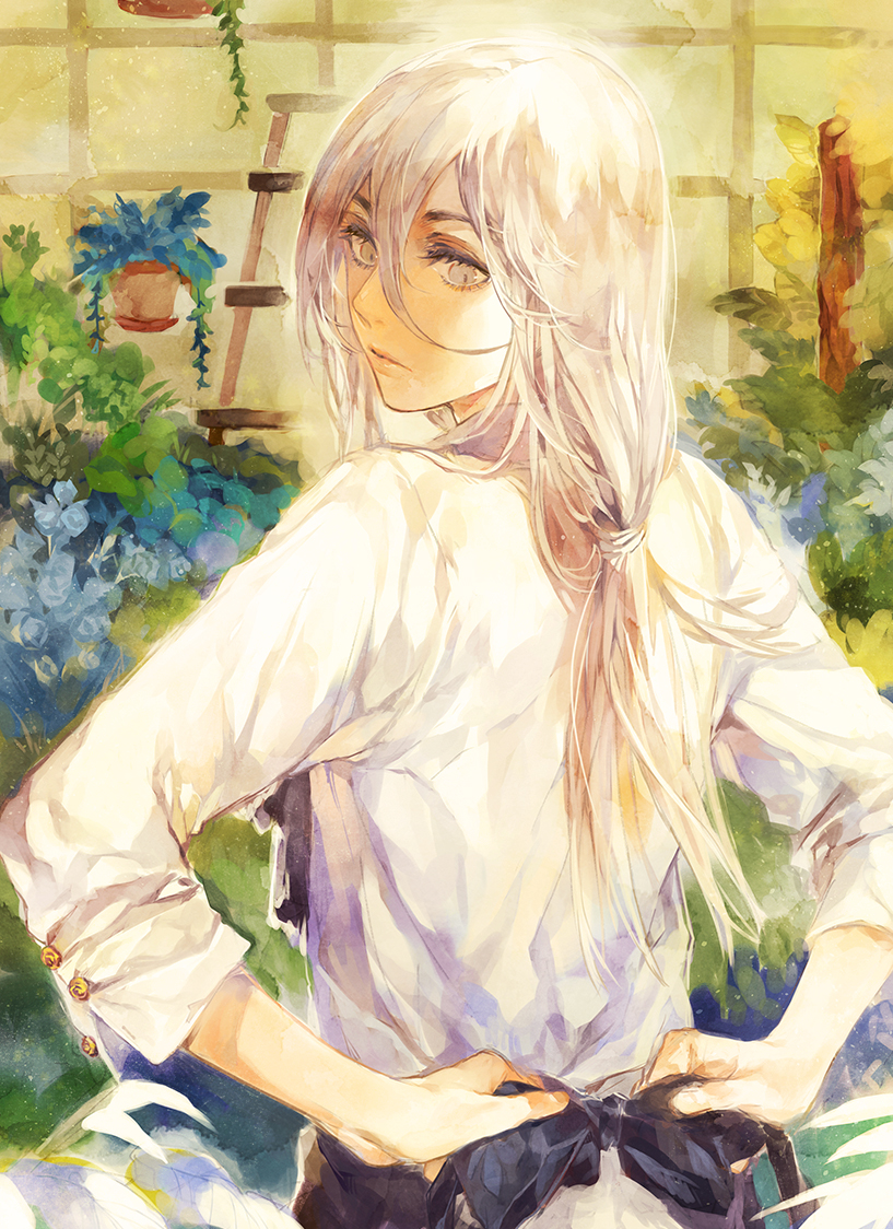 1boy, adjusting_clothes, androgynous, apron, back_bow, bangs, blue_bow, blue_flower, bow, flower_pot, green_flower, hair_between_eyes, lavender_eyes, long_hair, long_sleeves, looking_at_viewer, male_focus, mii_(chibinomi), original, shirt, tied_hair, upper_body, white_shirt