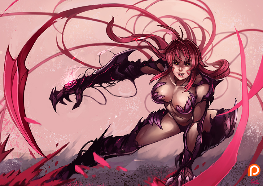 1girl, amaha_masane, antenna_hair, armor, black_sclera, breasts, claws, cleavage