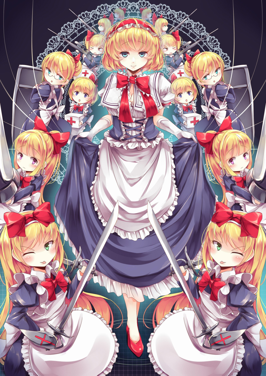 1girl, absurdly_long_hair, absurdres, adapted_costume, alice_margatroid, alternate_eye_color, alternate_hairstyle, apron, bangs, bespectacled, blue_dress, blue_eyes, blunt_bangs, blush, bow, breasts, capelet, cleavage, corset, curtsey, dress, dual_wielding, elbow_gloves, frilled_apron, frilled_dress, frilled_hairband, frilled_ribbon, frilled_shirt, frilled_skirt, frills, from_behind, glasses, gloves, green_eyes, gun, hair_bow, hair_bun, hat, highres, holding, holding_shield, holding_weapon, kanzakietc, lance, long_hair, long_ponytail, long_skirt, long_sleeves, looking_afar, looking_at_another, looking_at_viewer, looking_to_the_side, medicine_box, medium_breasts, nurse_cap, one_eye_closed, open_mouth, over_shoulder, polearm, puffy_long_sleeves, puffy_sleeves, red_eyes, red_shoes, ribbon, rifle, ripples, shanghai_doll, shield, shiny, shiny_hair, shirt, shoes, short_hair, skirt, sniper_rifle, solo, sword, sword_over_shoulder, tareme, thread, tongue, tongue_out, touhou, tsurime, twintails, very_long_hair, violet_eyes, waist_apron, weapon, weapon_over_shoulder, white_gloves, white_shirt