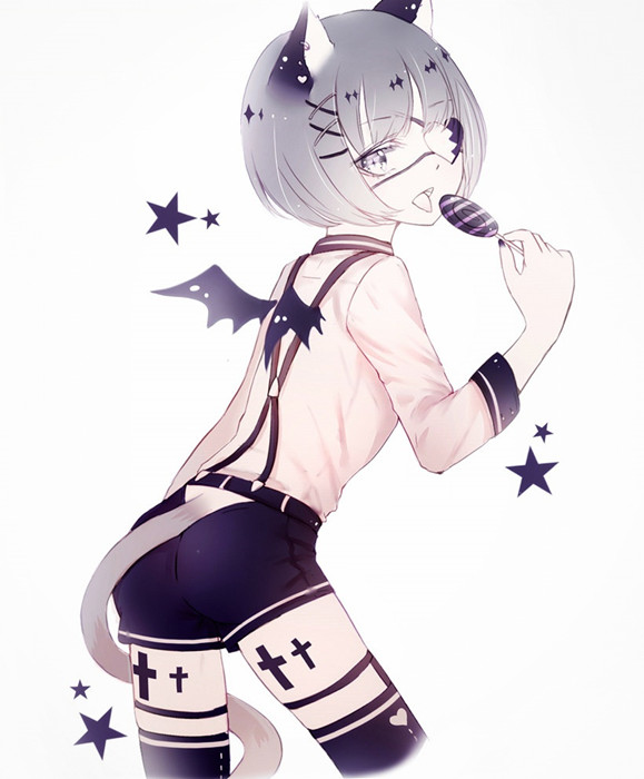 1boy, animal_ears, ass, bananaxcs7, bat_wings, blue_eyes, candy, cat_ears