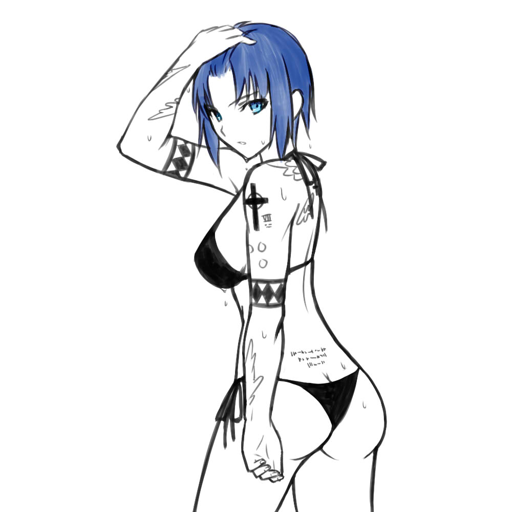 1girl, ass, back_tattoo, bikini, blue_eyes, blue_hair, breasts, butt_crack