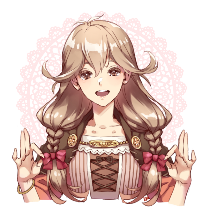 1girl, bow, bracelet, braid, brown_eyes, brown_hair, faye_(fire_emblem), fire_emblem