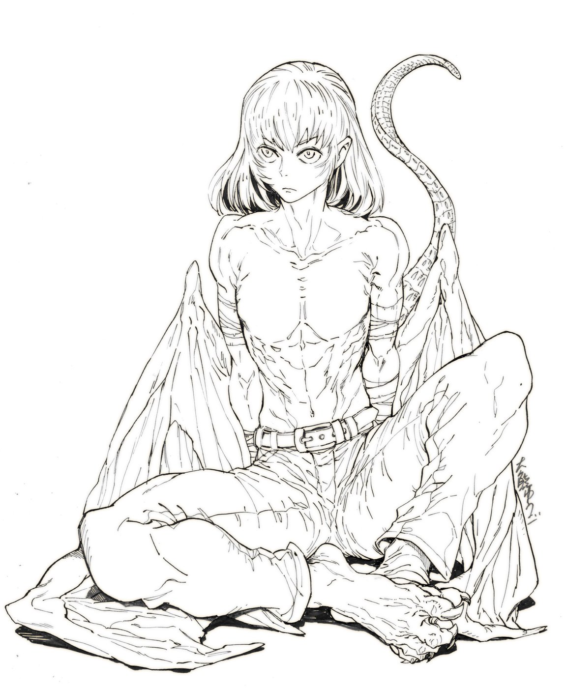 1boy, artist_name, chimera, denim, full_body, greyscale, highres, ink_(medium)