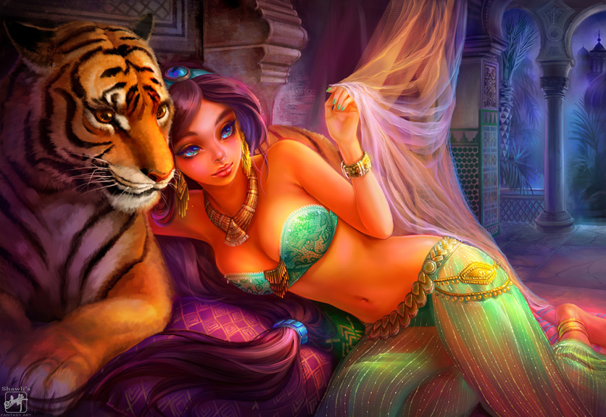 1girl, aladdin_(disney), anklet, arabian_clothes, artist_name, barefoot, bikini_top, blue_eyes
