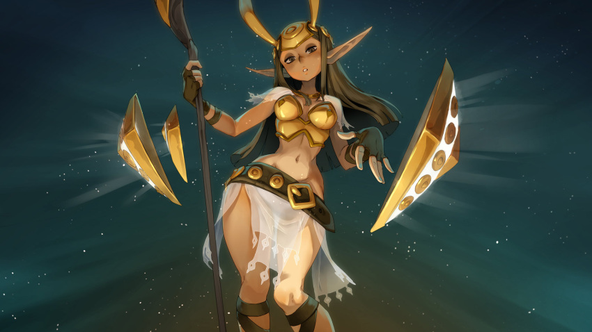 1girl, armor, armored_dress, belt, breastplate, breasts, brown_eyes, brown_hair, capelet, commentary, dark_skin, dofus, eyeshadow, feca, fingerless_gloves, gloves, goddess, gorget, half-closed_eyes, helmet, highres, horned_helmet, knees_together, krosmaga, long_hair, looking_at_viewer, makeup, medium_breasts, midriff, navel, pointy_ears, polearm, see-through, skirt, slender_waist, solo, star, starry_background, weapon, wide_hips, xavier_houssin