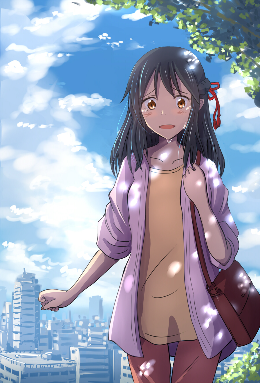 1girl, bag, black_hair, blush, braid, brown_eyes, building, clenched_hand