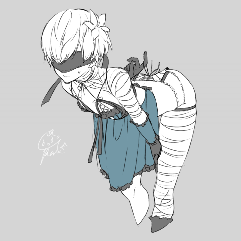 1boy, android, ass, bandage, blindfold, butt_crack, cosplay, crossdressinging, dress, flower, gloves, grey_background, hair_flower, hair_ornament, kaine_(nier), kaine_(nier)_(cosplay), lace, lace-trimmed_panties, leaning_forward, male_focus, nier_(series), nier_automata, panties, short_hair, solo, takamiya_ren, trap, underwear, white_hair, yorha_no._9_type_s