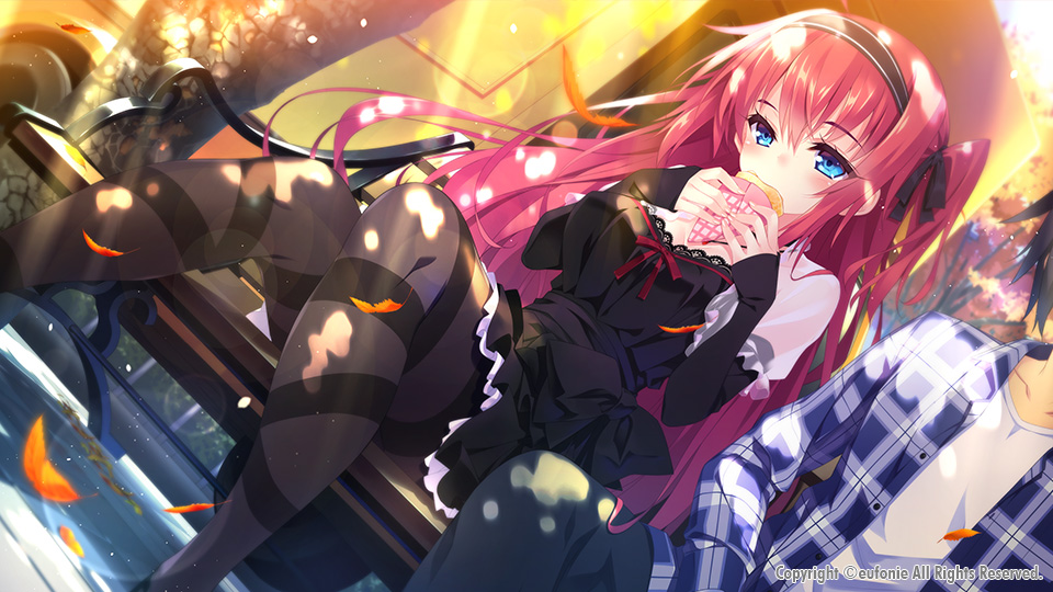 1boy, 1girl, arms_up, asymmetrical_legwear, autumn_leaves, bangs, bench, black_bow