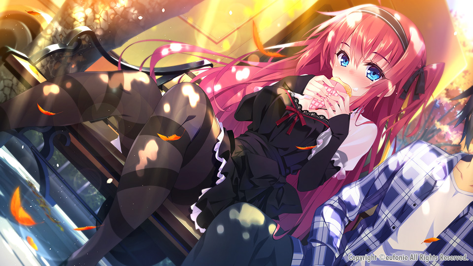 1boy, 1girl, arms_up, asymmetrical_legwear, autumn_leaves, bangs, bench, black_bow