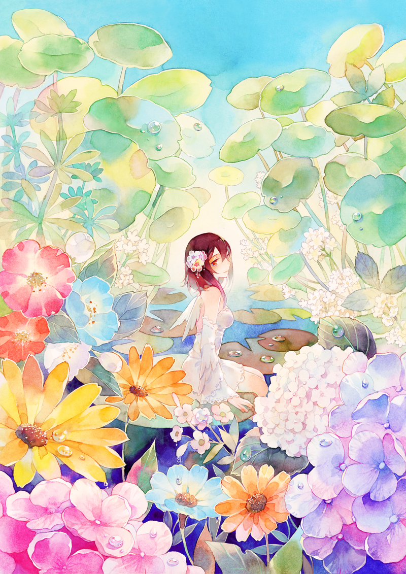 1girl, bare_shoulders, blue_sky, breasts, character_request, detached_sleeves, dress, flower