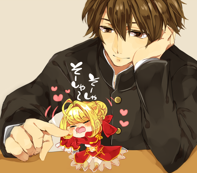 1boy, 1girl, ahoge, blonde_hair, brown_eyes, brown_hair, center_opening, cheek_poking