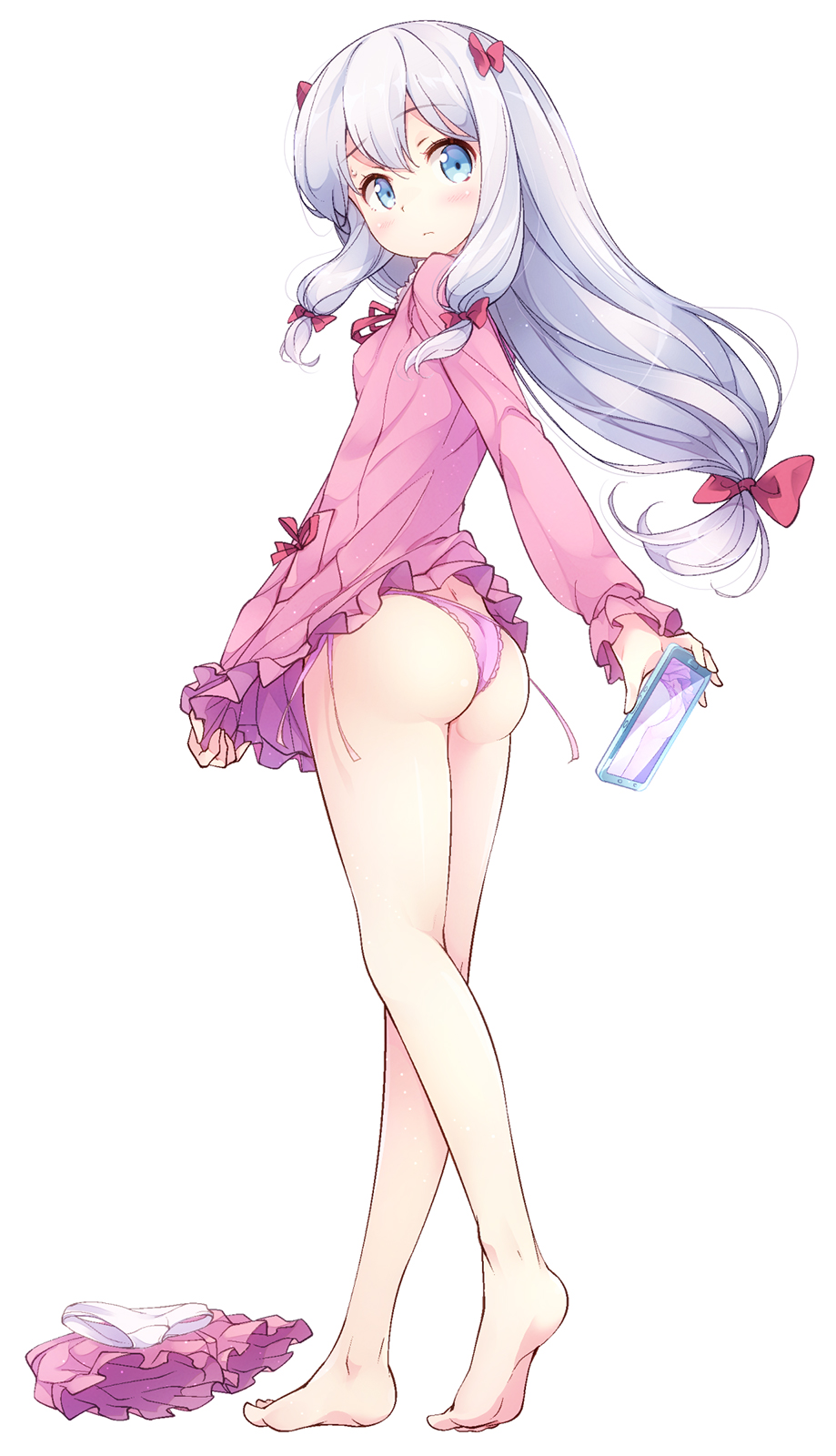 1girl, ass, bare_legs, barefoot, blue_eyes, blue_hair, blush, bow