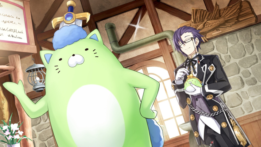 1boy, bag, black_hair, fairy_fencer_f, game_cg, glasses, handbag, official_art