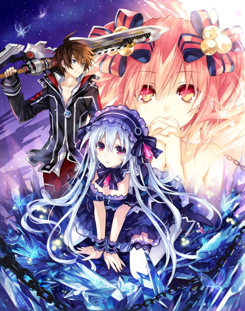 1boy, 2girls, alyn_(fairy_fencer_f), blue_eyes, bow, breasts, brown_hair, chains