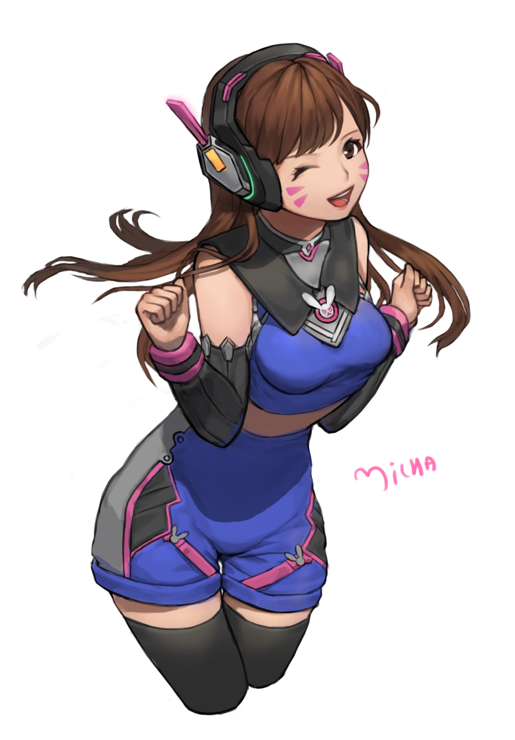 1girl, ;d, adapted_costume, animal_print, arm_warmers, artist_name, bangs, blue_shirt, blue_shorts, breasts, brown_eyes, brown_hair, bunny_print, clenched_hands, cowboy_shot, crop_top, cropped_legs, d.va_(overwatch), eyelashes, facepaint, facial_mark, hands_up, headphones, highres, legs_together, long_hair, looking_at_viewer, medium_breasts, micha, one_eye_closed, open_mouth, overwatch, shirt, shorts, simple_background, sleeveless, sleeveless_shirt, smile, solo, thigh-highs, thigh_gap, turtleneck, whisker_markings, white_background