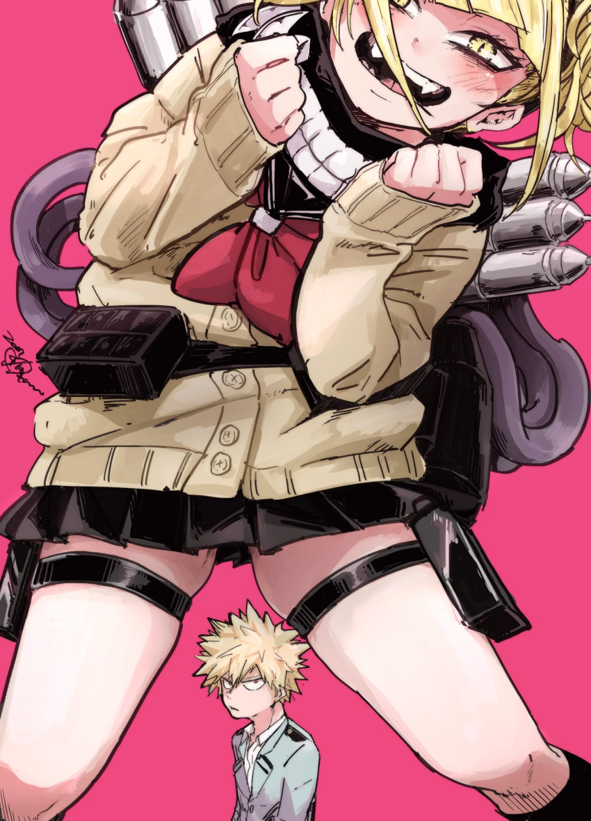1boy, 1girl, bakugou_katsuki, between_thighs, blonde_hair, boku_no_hero_academia, cardigan, fangs, half-closed_eyes, highres, holster, ikapnmn2, long_sleeves, looking_at_viewer, open_mouth, pink_background, pleated_skirt, pouch, red_eyes, scarf, school_uniform, serafuku, simple_background, skirt, smile, spiky_hair, standing, teeth, thigh_holster, toga_himiko, yandere_trance, yellow_eyes