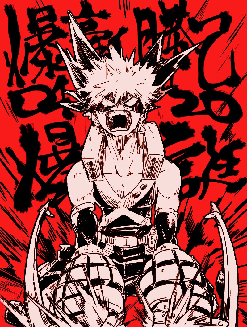 1boy, angry, bakugou_katsuki, boku_no_hero_academia, collarbone, domino_mask, elbow_gloves, explosive