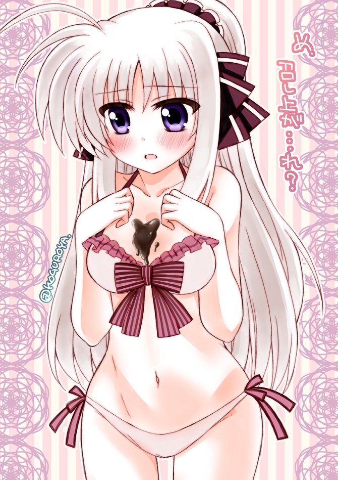 1girl, between_breasts, bikini, blush, bow, breast_squeeze, breasts, chocolate