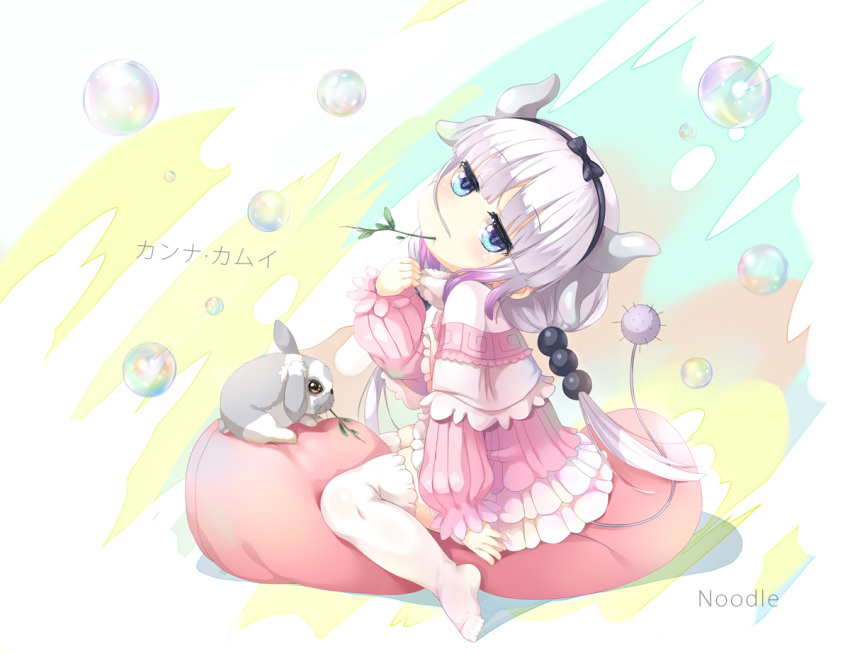 1girl, animal, artist_name, black_hairband, blue_eyes, dragon_girl, dragon_horns, hairband