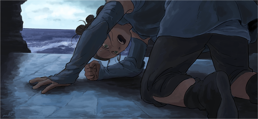 1girl, all_fours, boots, brown_hair, green_eyes, matsuri6373, ocean, rey_(star_wars)