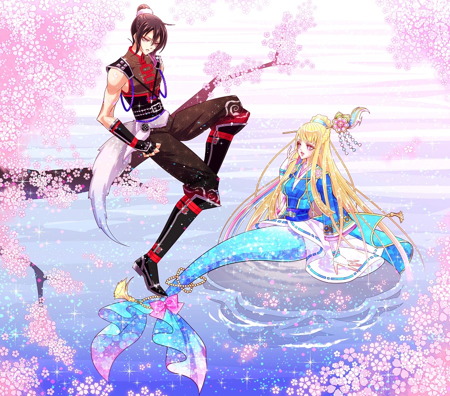 1boy, 1girl, blonde_hair, blue_hair, boots, braid, brown_hair, chacha_(sengoku_musou)